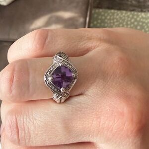 Amethyst Cushion Cut Halo Ring Silver Tone Statement Ring
